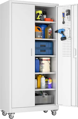 Miniatura 10 de SUXXAN Armario de almacenamiento de metal con ruedas, armario de almacenamiento móvil con 2 puertas y estantes ajustables, tablero de clavijas y 4