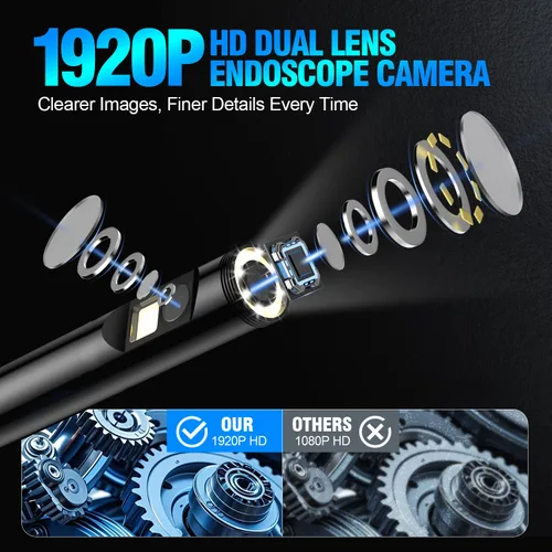 Miniatura 2 de Cámara endoscopio con luz, boroscopio HD 1920P con 8 LED ajustables, cable de serpiente semirrígido, cámara de inspección impermeable IP67 para iOS