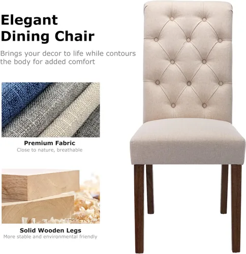 Miniatura 8 de COLAMY Juego de 2 Sillas de Comedor Copetudas, Sillas de Cocina Accent Parsons Tapizadas en Tela Elegante con Patas de Madera Maciza y Asiento Beige