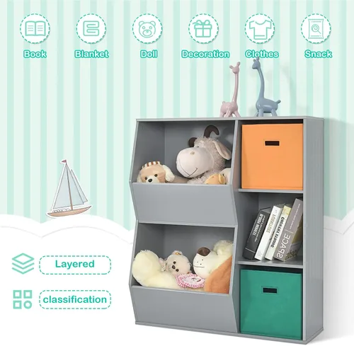 Miniatura 5 de HONEY JOY Organizador de almacenamiento de juguetes para niños con 5 cubículos, estantería y estantería para niños con 2 cajas de almacenamiento