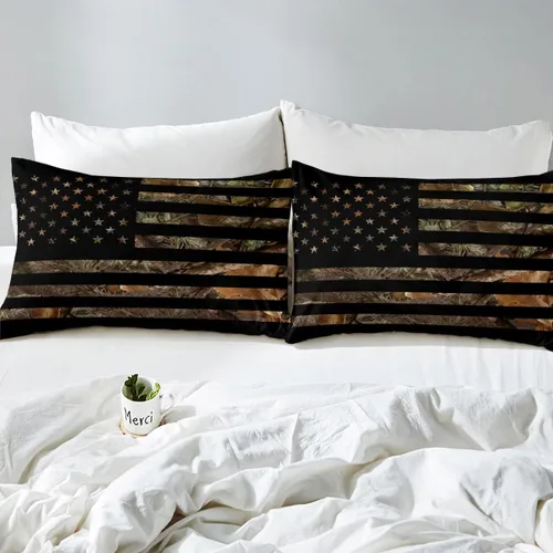Miniatura 5 de Juego de ropa de cama de camuflaje con bandera estadounidense, tamaño Queen, sábanas de caza militar, hojas de árbol rústico, juego de sábanas