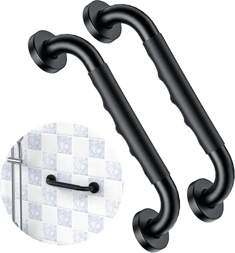 ZUEXT - Paquete de 2 barras de agarre para ducha negras de 12 pulgadas con agarre de goma antideslizante, barra de agarre de baño de acero Caucho