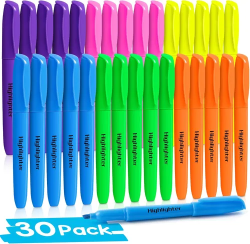 V-Opitos Paquete de 30 resaltadores en 6 colores surtidos, no se corren, brillantes con puntas de cincel suaves, ideales para suministros de oficina