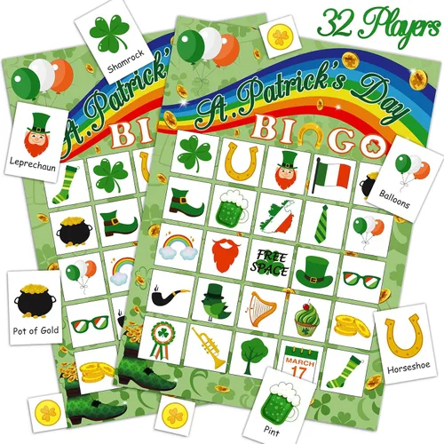 Moon Boat Juego de cartas de bingo del día de San Patricio para 32 jugadores para adultos, actividad de fiesta de trébol