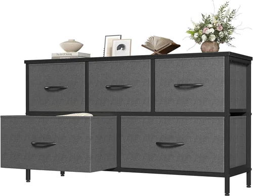 OLIXIS Cómoda para dormitorio con 5 cajones, cómoda ancha, cómoda de tela con organizadores de cajones, unidad organizadora de almacenamiento con