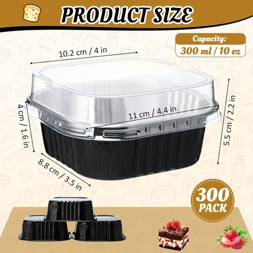 Miniatura 2 de Aoriher 300 piezas de moldes mini para pasteles de 10 onzas con tapas, moldes de papel de aluminio para hornear, moldes cuadrados desechables