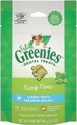 Greenies Golosinas dentales naturales para gatos adultos recomendadas por veterinarios felinos, sabor hierba gatera, bolsa de 2.1 onzas