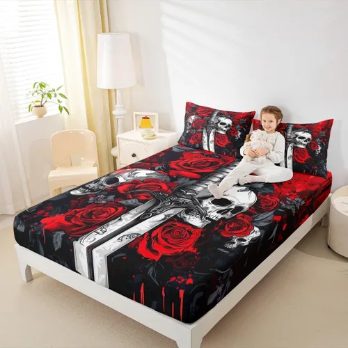 Miniatura 10 de Erosebridal Sábanas de cama de polilla de la muerte, sábana bajera ajustable de calavera gótica, tamaño individual, sábanas florales de flores