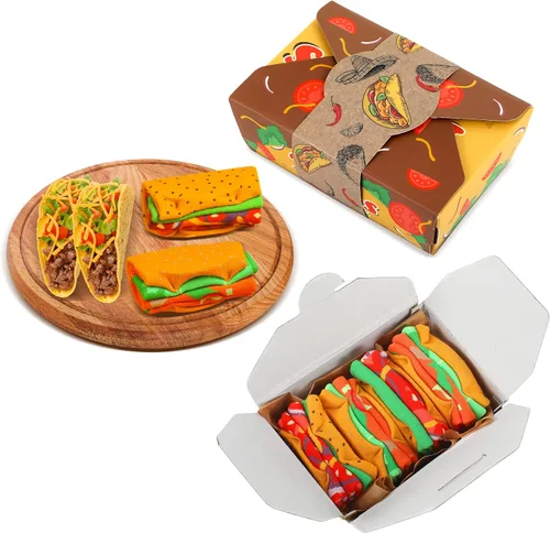 AGRIMONY Divertidos calcetines con diseño de hamburguesa y hotdog con tacos y palomitas de maíz, calcetines de comida novedosos para cumpleaños,