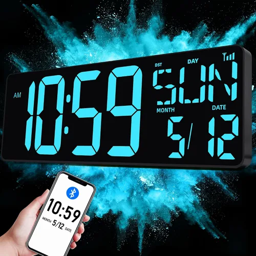 TXL Reloj de pared digital grande de 17.2 pulgadas, sincronización Bluetooth, reloj de pared LED con fecha y temperatura, temporizador de cuenta