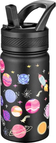 Miniatura 23 de Fanhaw Botella de agua aislada para niños de 14 onzas con tapa de pajita – Acero inoxidable de doble pared al vacío, a prueba de fugas, botellas
