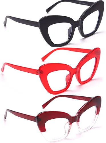 Miniatura 3 de Paquete de 3 lectores de estilo, lentes de lectura con bloqueo de luz azul para computadora con ojo de gato para mujer (negro/rojo/rojo vino, 2.0)