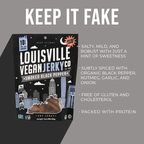 Miniatura 5 de Louisville Vegan Jerky - Carne vegana y vegetariana de pimienta negra ahumada, 0.67 oz de proteína de soja sin OMG, 310 calorías por bolsa
