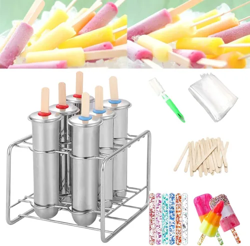 Juego de 6 moldes de paletas de acero inoxidable, moldes de metal para paletas, máquina casera para hacer golosinas de hielo con 50 palos de madera