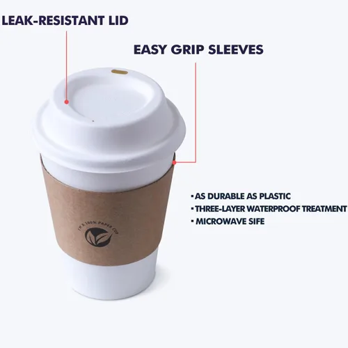 Miniatura 3 de KTOB [paquete de 50] Tazas de café compostables de 12 onzas con tapas y mangas kraft, combo de tazas de papel blanco desechables ecológicas