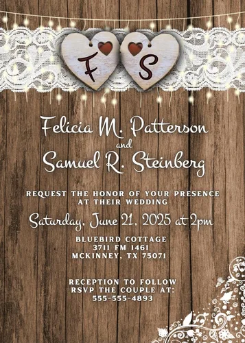Miniatura 8 de Cantidad de 25 invitaciones de boda País Corazón y sobres de encaje impreso con texto blanco Rustic Theme, Envelopes Included, Printed