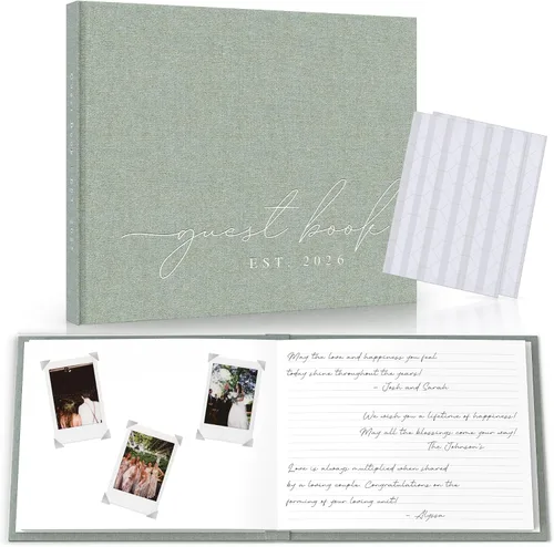 Miniatura 13 de Libro de invitados de boda personalizado 2026 año – Libro de visitas de fotos de lino para firmar en la recepción – Incluye esquinas de fotos