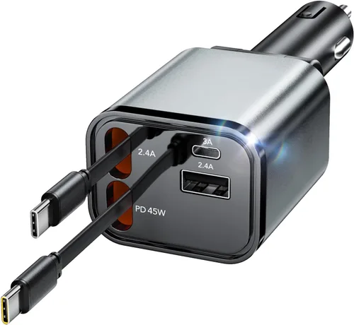 Adaptador de Carga de Coche Retráctil para iPhone 17, Cargador de Coche para Teléfono 4 en 1 de Carga Rápida, Accesorios para Coche y Camión USB C