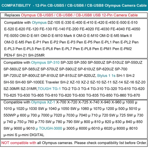 Miniatura 4 de Olympus Cable USB, cable de carga de sincronización de datos, CB-USB5/6/8 para cámaras Olympus DZ-105, E-330 a E-620, FE-120 a FE-5050