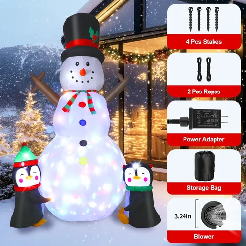 Miniatura 6 de Dawdix Muñeco de nieve inflable de Navidad de 8 pies, muñeco de nieve de Navidad para inflar con pingüinos, luces LED coloridas giratorias