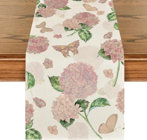 Artoid Mode Camino de mesa de primavera de mariposa de hortensias rosas, decoración de mesa de comedor de cocina y vacaciones de verano, decoración