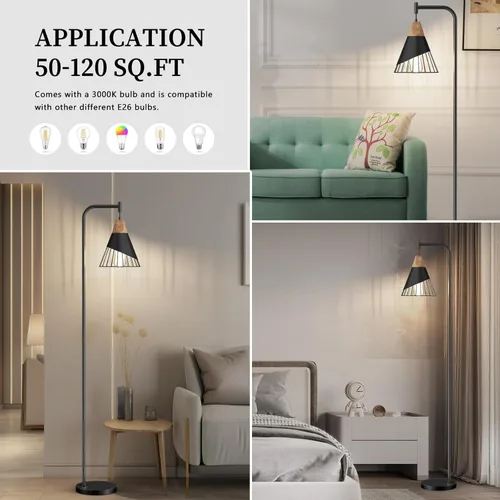 Miniatura 4 de Lámpara de pie industrial de 67" con pantalla de madera y metal negro, lámpara de pie moderna, lámpara alta rústica de estilo granja para sala