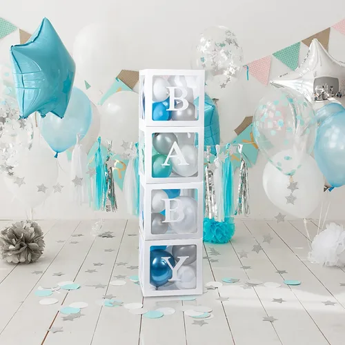 Miniatura 6 de Cajas de bebé con 12 letras para baby shower, decoraciones de baby shower para niño o niña, 4 cajas de globos transparentes bloques transparentes