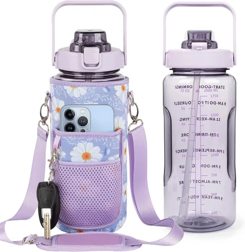 Miniatura 9 de Botella de Agua de Medio Galón con Funda, Botella de Agua Motivacional de 64 Onzas con Pajita y Marcador de Tiempo, Botella de Agua Grande
