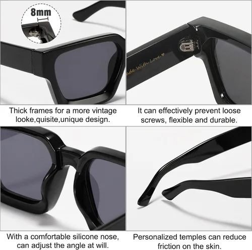 Miniatura 3 de SHEEN KELLY Gafas de sol rectangulares gruesas retro gruesas para mujeres y hombres, a la moda, con montura tipo tortie negra, gafas de los años 90
