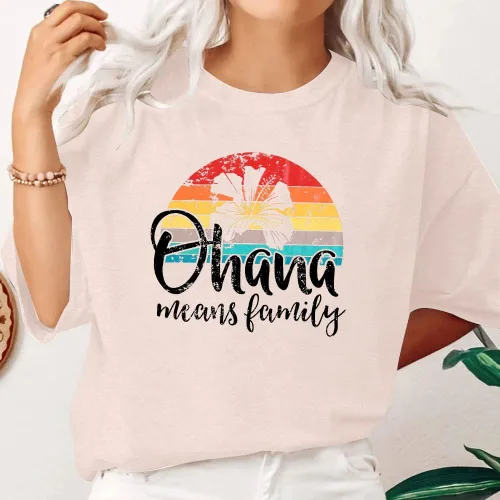 Miniatura 3 de MYHALF Ohana Means Family - Camisa hawaiana para mujer, camisetas divertidas de playa, camisetas de manga corta para vacaciones de verano