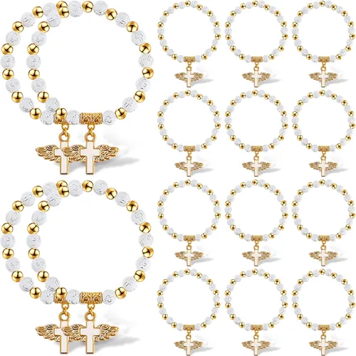 MTLEE 30 pulseras de rosario con cruz de ala de ángel, dijes de cruz con alas de ángel, pulseras de cuentas de bautismo de acrílico para mujeres y