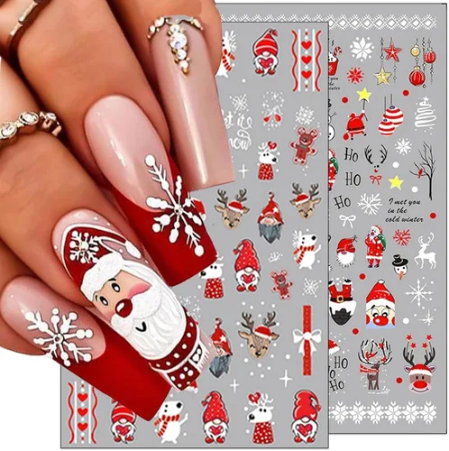 Miniatura 6 de 10 calcomanías de uñas de Navidad de invierno para mujeres, dibujos animados 3D, alce, muñeco de nieve, campanas de Papá Noel, copo de nieve