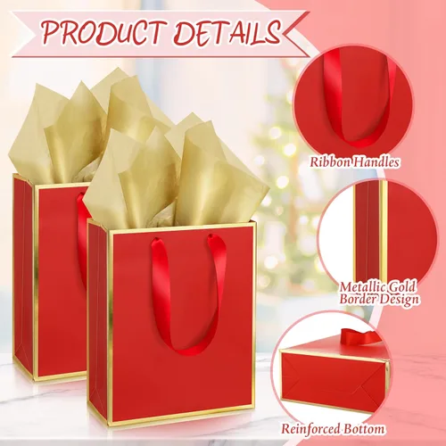 Miniatura 4 de Yeaqee Paquete de 24 bolsas de regalo de papel metálico con asa y papel de seda de 9 x 7 x 3.1 pulgadas, bolsas de favor de bienvenida con papel