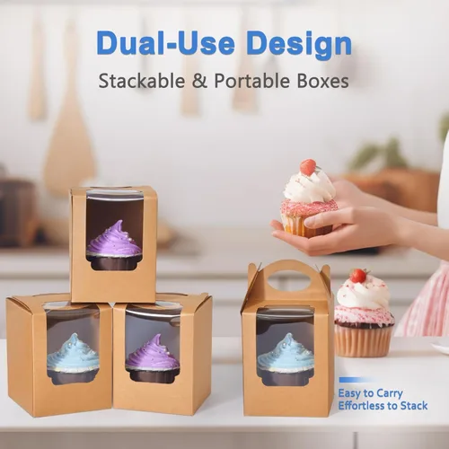 Miniatura 2 de Cajas para cupcakes, 50 unidades, recipientes individuales para cupcakes marrón con inserto de ventana y asa, caja de pastelería individual soporte