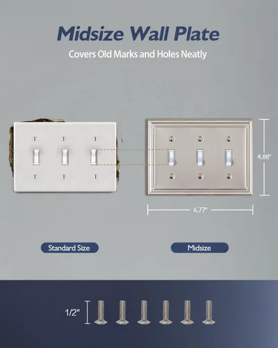 Miniatura 5 de Paquete de 2 placas de pared de triple palanca, cubierta de interruptor de luz de níquel satinado, cubiertas de interruptor de metal