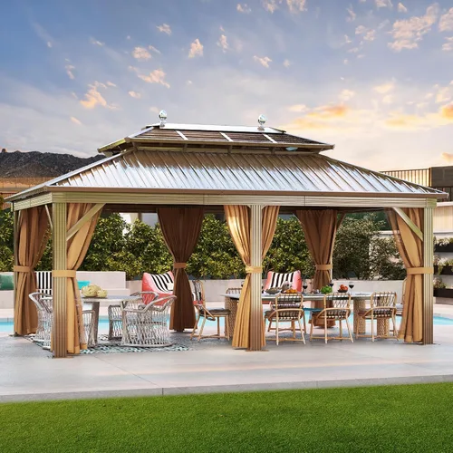 Miniatura 18 de DWVO Gazebo de techo rígido de 10 x 10 pies, techo doble con redes y cortinas, techo de rayas verticales de acero galvanizado resistente para patio