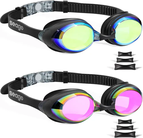 Miniatura 10 de Seago 2 Pack Swimming Goggles Anti-fog Anti-UV Silicone Swim Goggles Adult Women Men azul y dorado