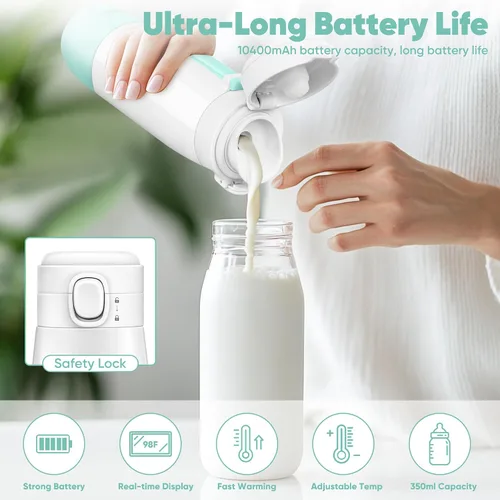 Miniatura 5 de Calentador de botellas portátil para viajes, calentador de leche portátil para bebé, calentador de cerámica de 12 onzas, carga rápida y calentador