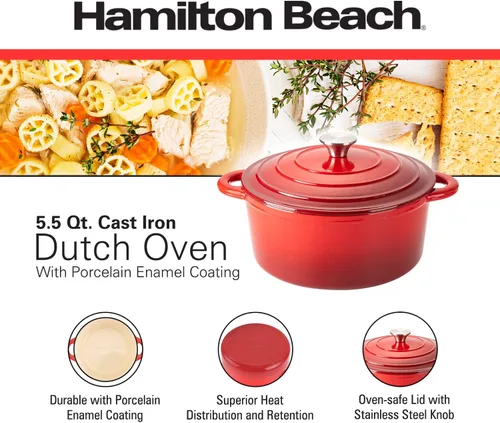 Miniatura 2 de Horno holandés de hierro fundido esmaltado Hamilton Beach de 5.5 cuartos de galón rojo, olla de horno holandés con tapa esmaltada en crema Rojo 2