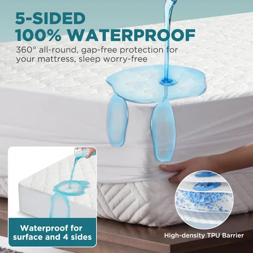 Miniatura 3 de Protector de colchón impermeable de 5 lados, tamaño individual XL, acolchado de rayón de bambú, sábanas bajeras transpirables y refrescantes sin