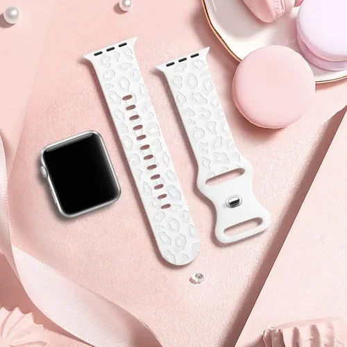 Miniatura 5 de CreateGreat Bandas Grabadas Compatibles con Apple Watch de 40mm 41mm 38mm 42mm 44mm 45mm 46mm 49mm, Correa de Silicona Suave con Patrón de Leopardo