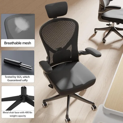 Miniatura 5 de Silla de oficina ergonómica con función de inclinación, reposacabezas ajustable con brazos abatibles, cojín para soporte lumbar y ruedas