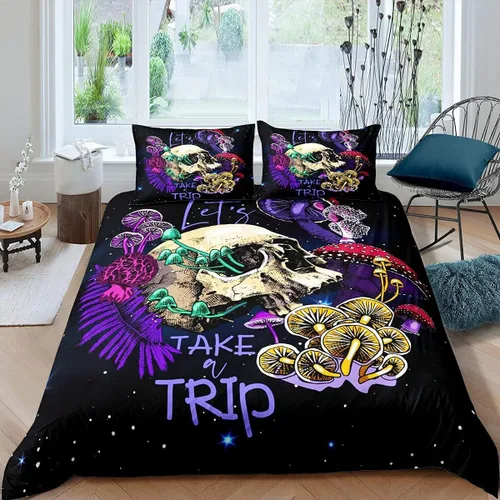Miniatura 20 de Juego de funda de edredón psicodélico de fantasía con diseño de hongos psicodélicos, galaxia, verde cielo, morado, diseño de hongos estrellados, #1