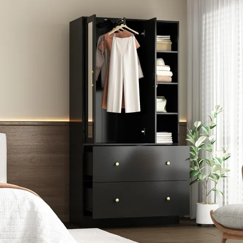 Miniatura 3 de Homsee Armario de madera con espejo, 2 puertas, 2 cajones, 4 cubos de almacenamiento abiertos y barra para colgar para dormitorio, negro