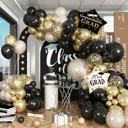 Kit de arco de guirnalda de globos negro, blanco y dorado, arco de guirnalda de arena blanca perla metálica champán con globos de confeti y