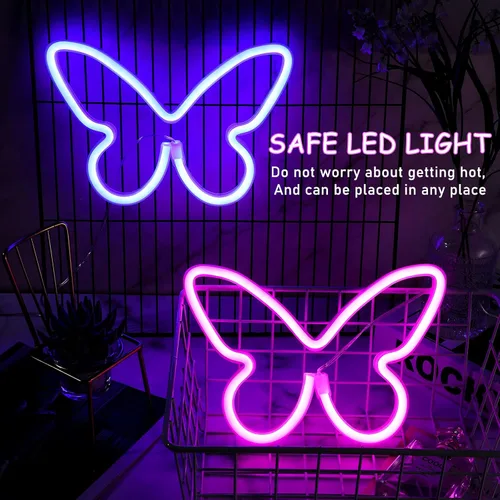 Miniatura 4 de Riakrum 2 piezas de letreros de neón de mariposa, luz LED de 3 pilas AAA, alimentado por USB, letrero de neón de pared, decoración de mariposas