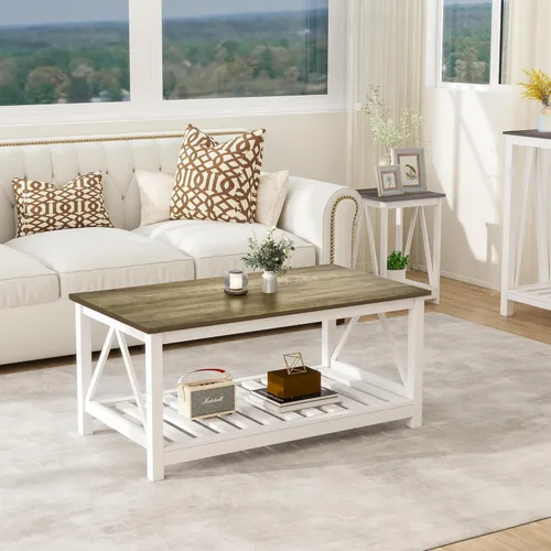 Miniatura 10 de Mesa de café de granja, mesa de café de roble blanco para sala de estar, mesa de centro rectangular de madera de 2 niveles con estante de listones