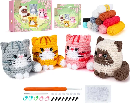 Miniatura 7 de Fortuning's JDS Kit de ganchillo para principiantes, paquete de 4 divertidos kits de ganchillo para gatos, kit de ganchillo para principiantes