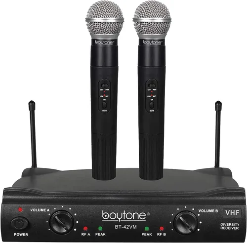 Boytone BT-42VM Sistema de micrófono inalámbrico de doble frecuencia, 2 canales, 174-216 MHz, 15 horas de duración de la batería