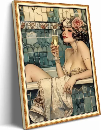 WWN Arte de Pared en Lienzo Vintage para Baño Mujer Victoriana Funky en Bañera Imagen Decoración de Pared Decoración Trendy de Carrito de Bar de